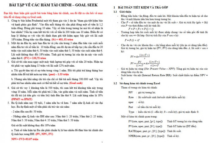 Bài tập hàm tài chính trong Excel có lời giải