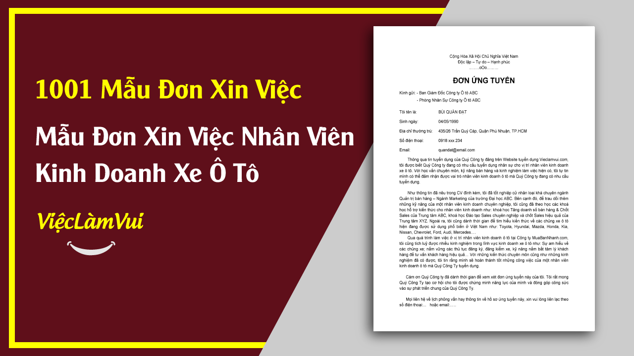Mẫu Đơn Xin Việc Nhân Viên Kinh Doanh Ô Tô