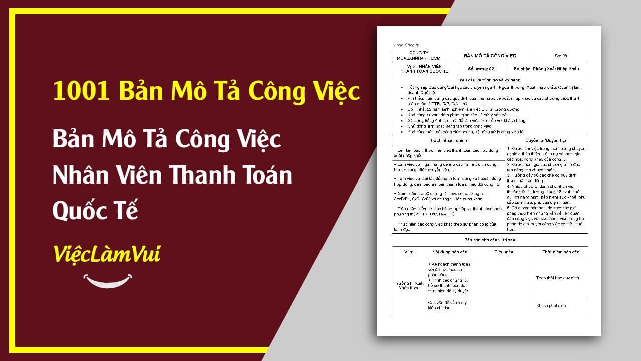 Mẫu Bản Mô Tả Công Việc Nhân Viên Thanh Toán Quốc Tế XNK