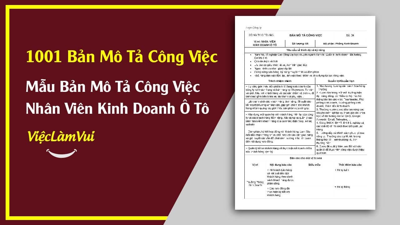 Mẫu Bản Mô Tả Công Việc Nhân Viên Kinh Doanh Ô Tô