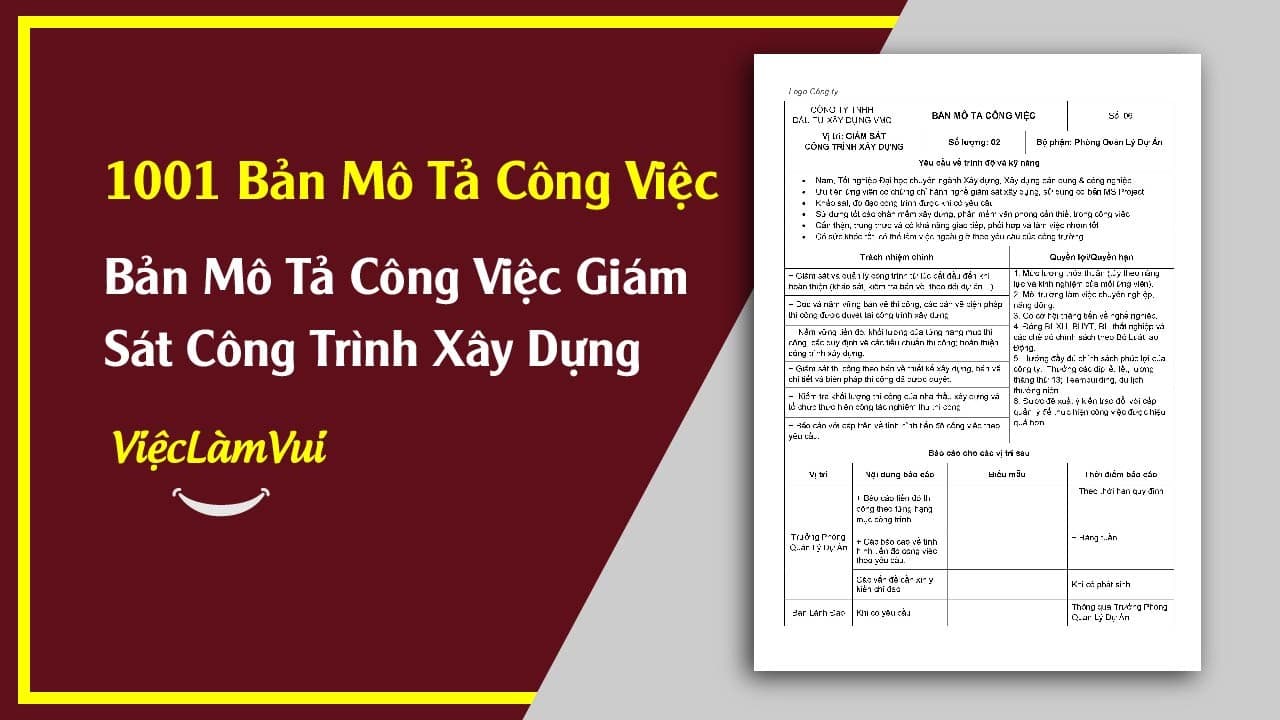 Mẫu Bản Mô Tả Công Việc Giám Sát Công Trình Xây Dựng