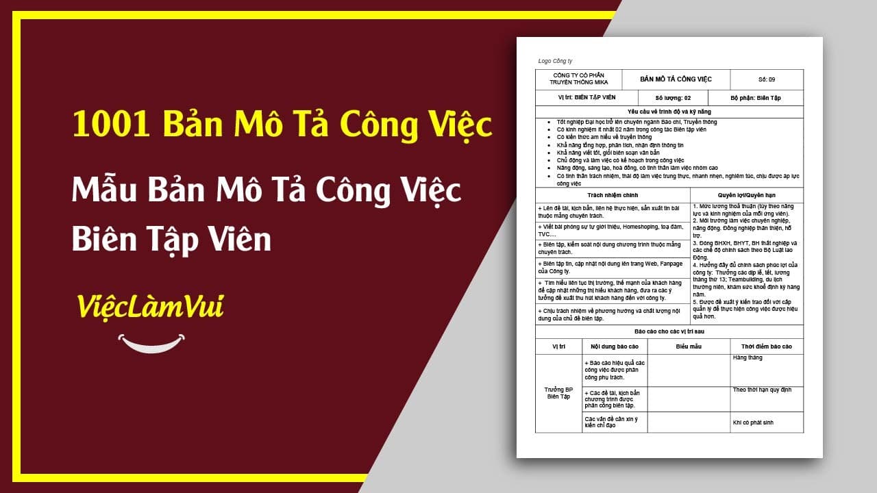 Mẫu Bản Mô Tả Công Việc Biên Tập Viên