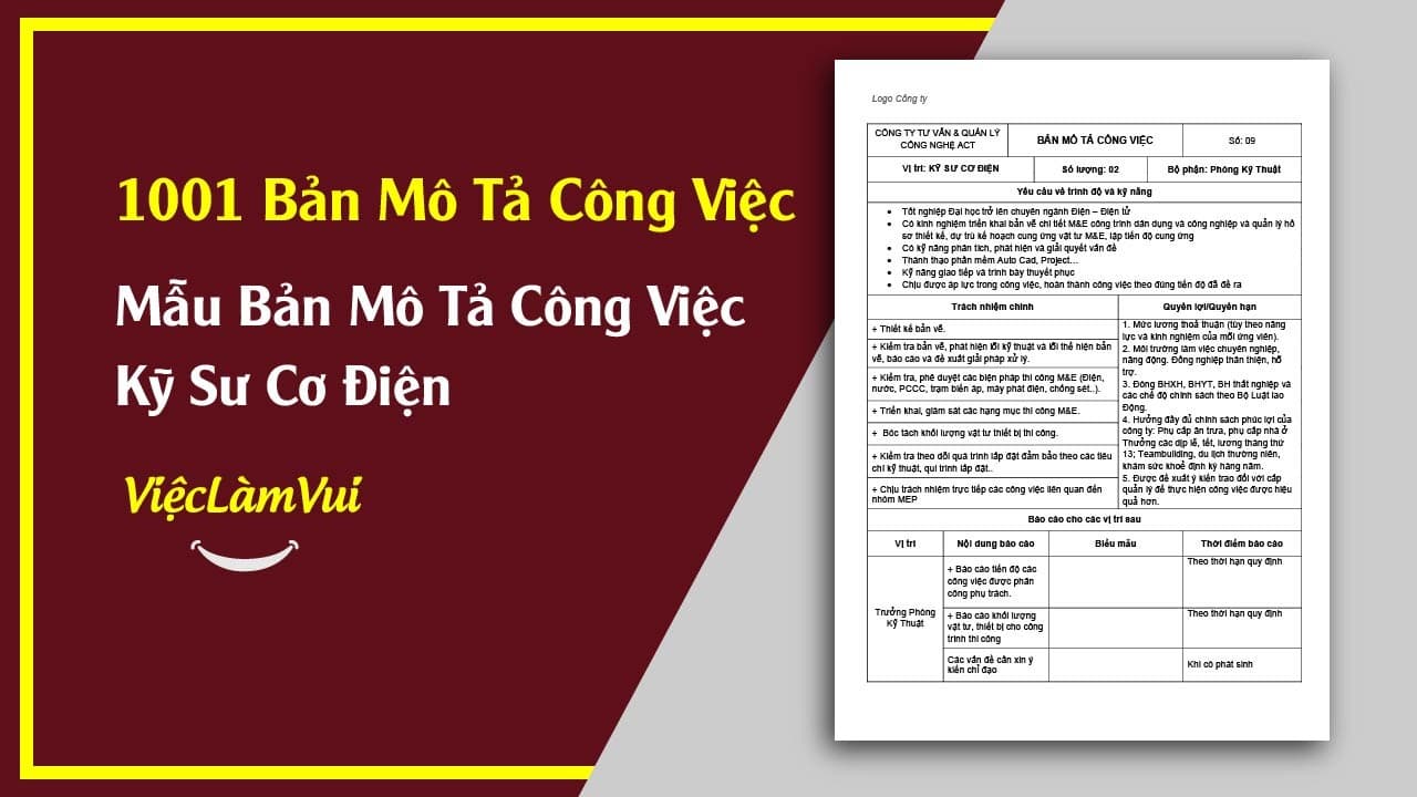 Mẫu Bản Mô Tả Công Việc Kỹ Sư Cơ Điện