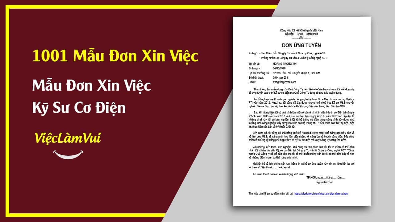 Mẫu Đơn Xin Việc Kỹ Sư Cơ Điện