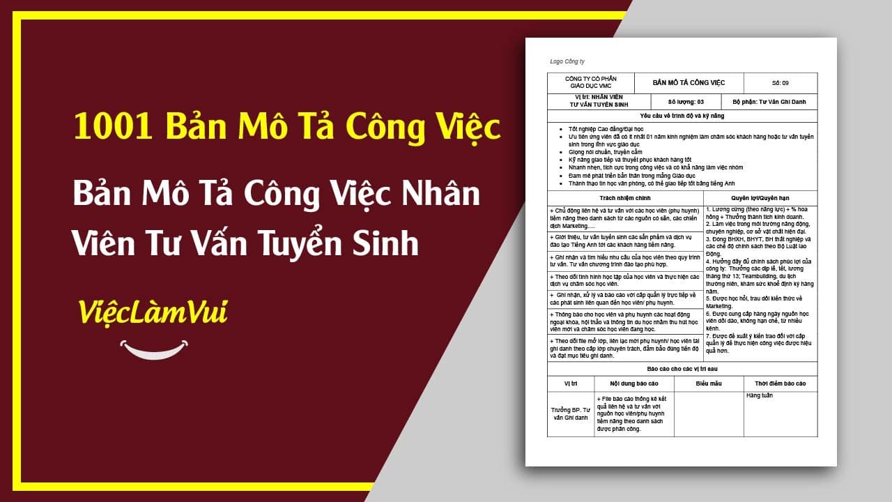 Mẫu Bản Mô Tả Công Việc Nhân Viên Tư Vấn Tuyển Sinh