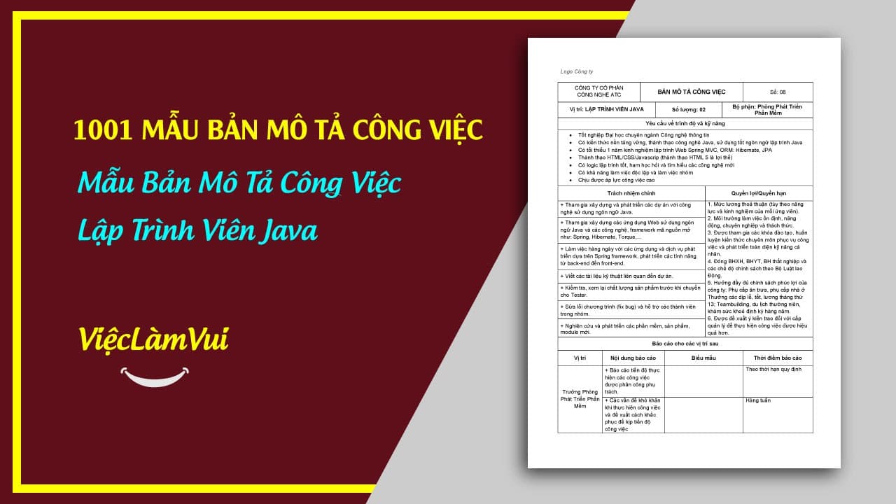 Mẫu Bản Mô Tả Công Việc Lập Trình Viên Java