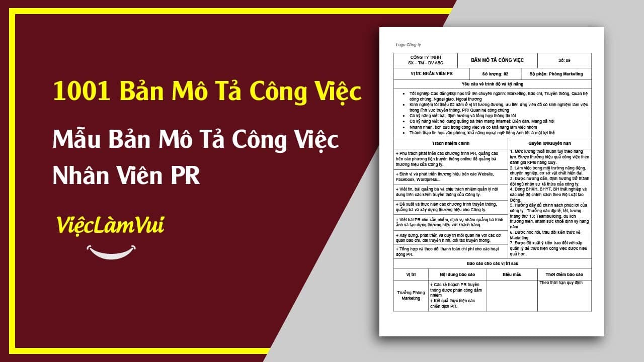 Mẫu Bản Mô Tả Công Việc Nhân Viên PR