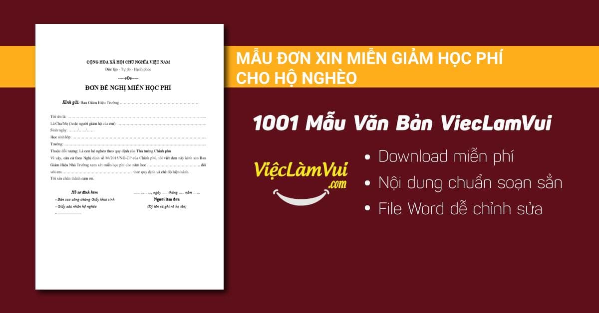 Mẫu đơn xin miễn giảm học phí cho hộ nghèo