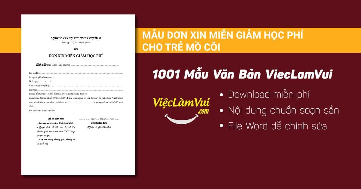 Mẫu đơn xin miễn giảm học phí cho trẻ mồ côi