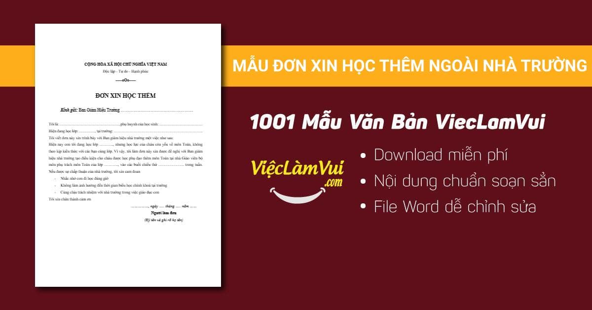 Mẫu đơn xin học thêm ngoài nhà trường, tại nhà cô giáo