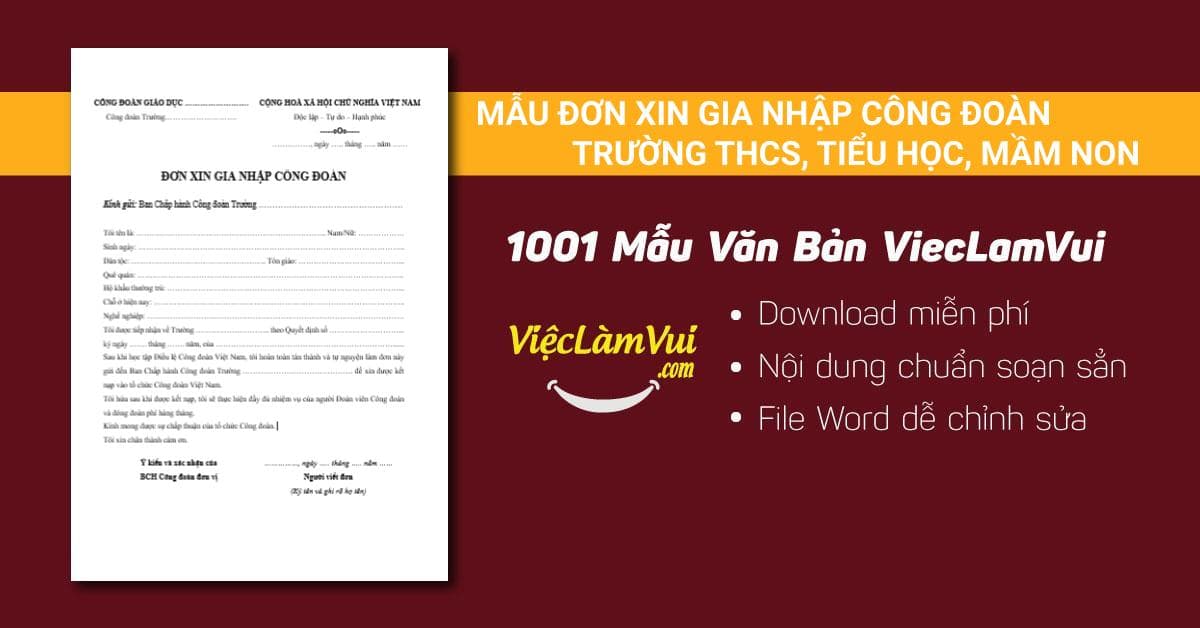 Mẫu đơn xin gia nhập công đoàn trường THCS, tiểu học, trường mầm non