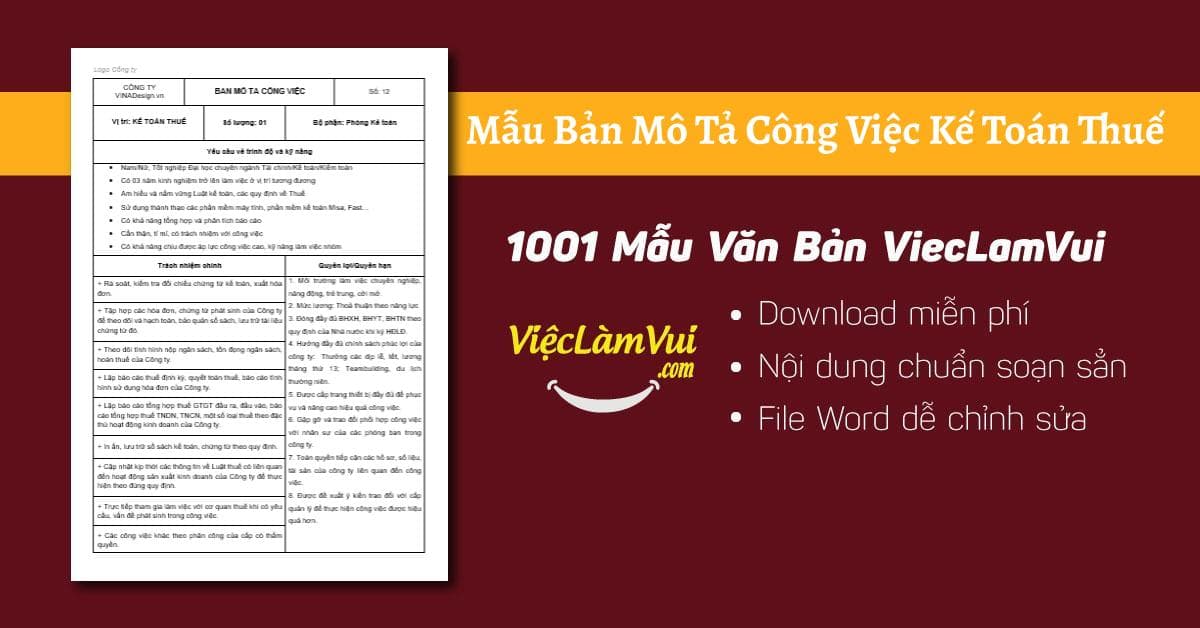 Mẫu bản mô tả công việc kế toán thuế