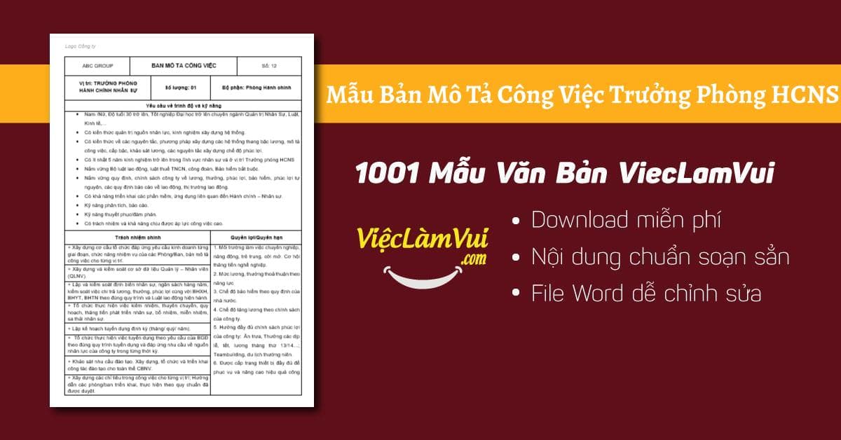 Mẫu bản mô tả công việc trưởng phòng hành chính nhân sự