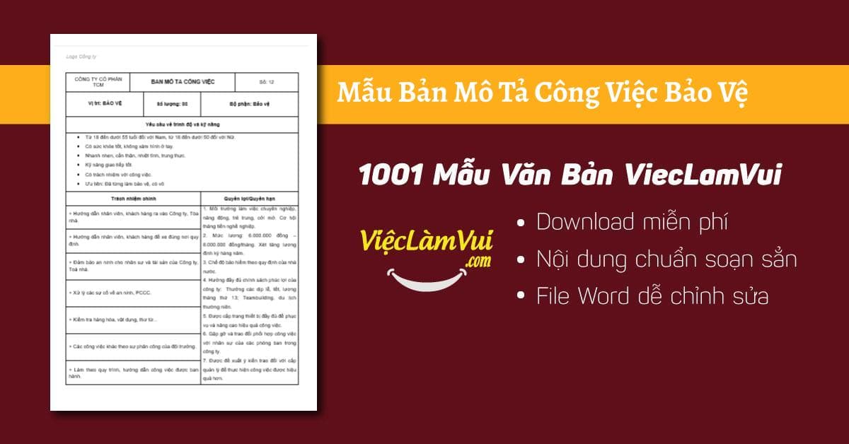 Mẫu bản mô tả công việc bảo vệ