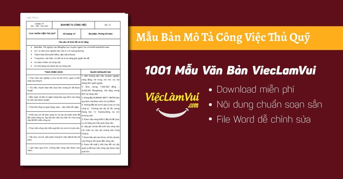 Mẫu bản mô tả công việc thủ quỹ