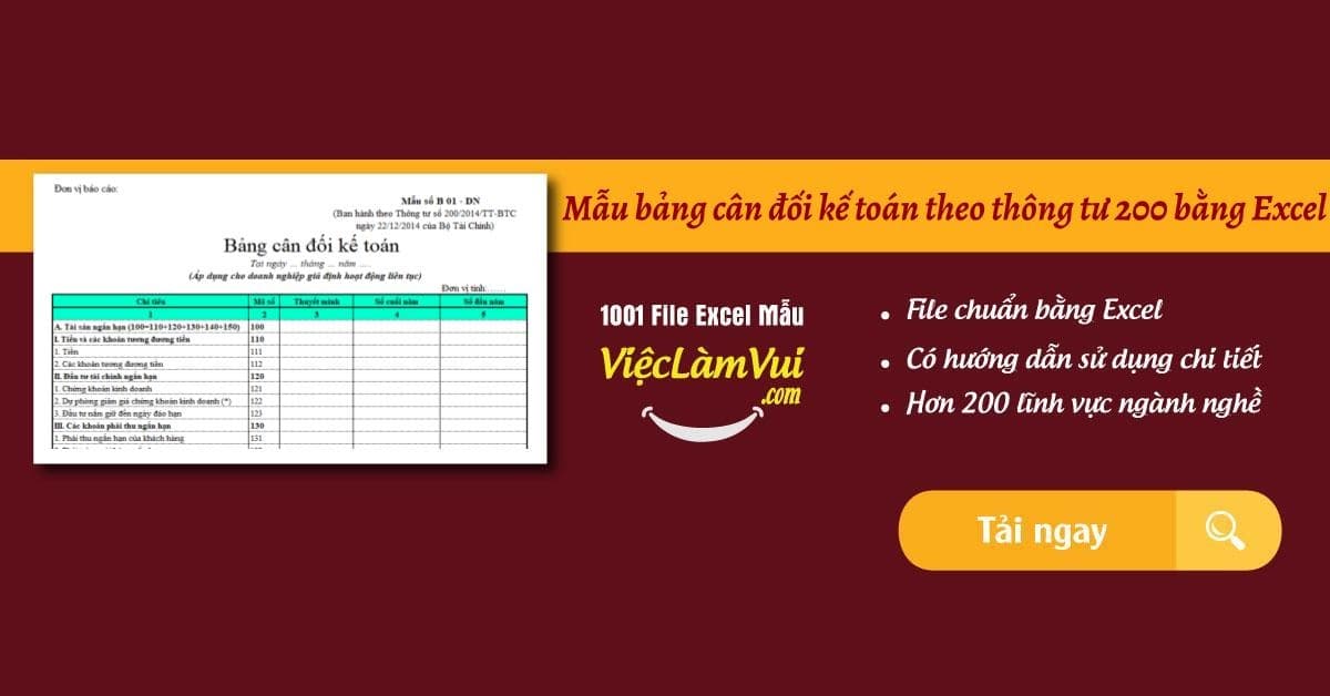 Download Mẫu bảng cân đối kế toán theo thông tư 200 bằng Excel