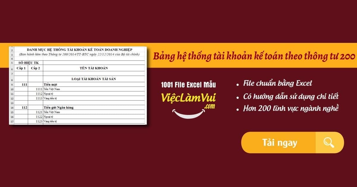 Bảng hệ thống tài khoản kế toán theo thông tư 200 file Excel