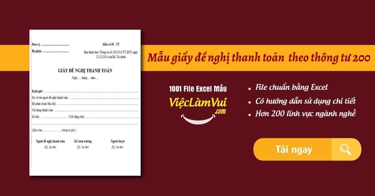 Mẫu giấy đề nghị thanh toán theo thông tư 200 file Excel