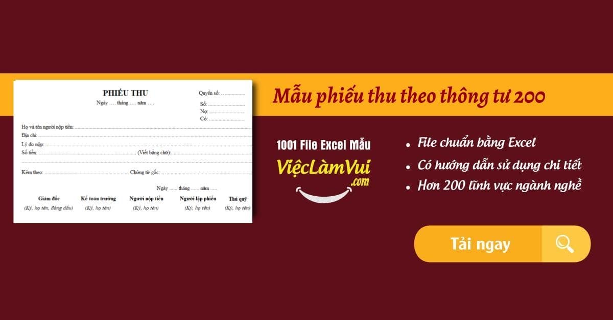 Mẫu phiếu thu theo thông tư 200 file Excel