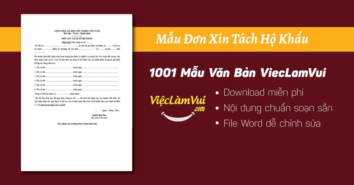 Mẫu đơn xin tách hộ khẩu mới nhất