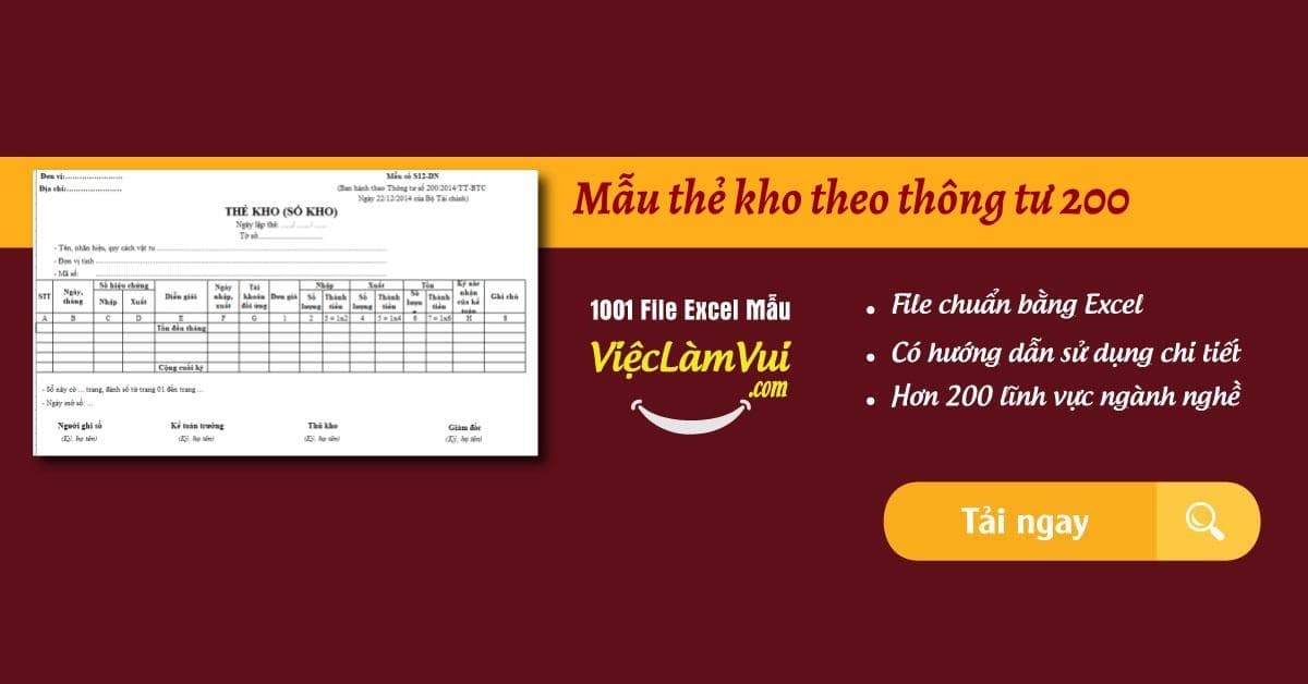 Mẫu thẻ kho (sổ kho) theo thông tư 200 file Excel
