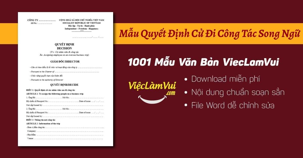 Mẫu Quyết Định Cử Đi Công Tác Song Ngữ File Word