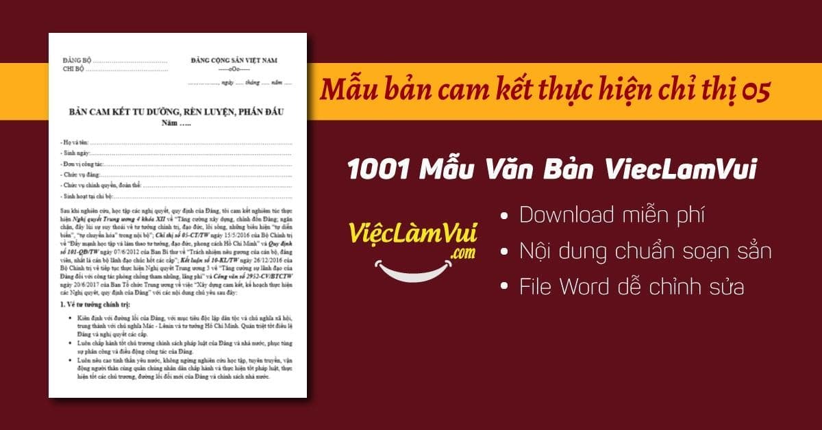 Mẫu Bản Cam Kết Thực Hiện Chỉ Thị 05 file Word