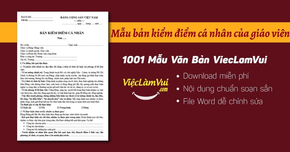 Mẫu bản kiểm điểm cá nhân của giáo viên chuẩn file Word