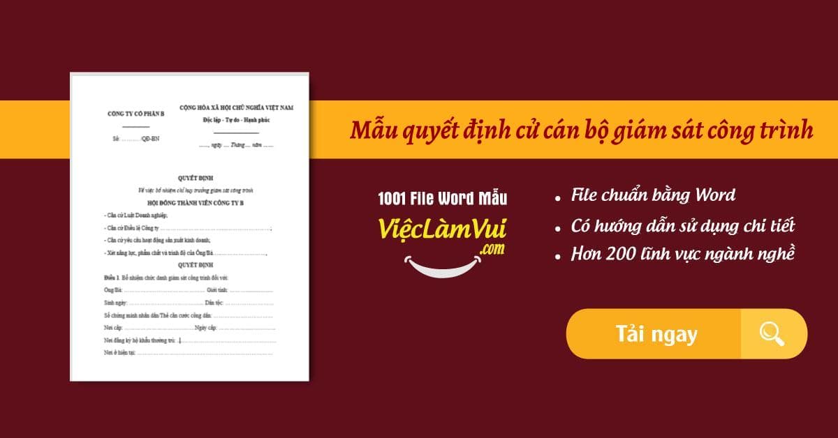 Mẫu quyết định cử cán bộ giám sát công trình file Word