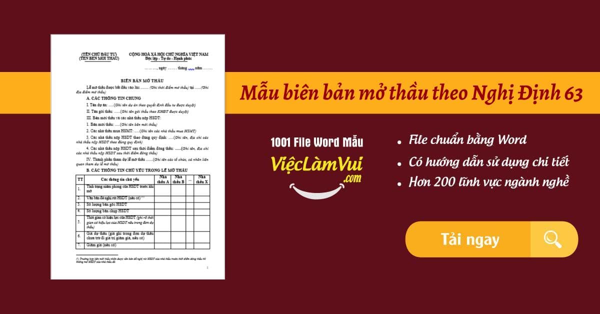 Mẫu biên bản mở thầu theo Nghị Định 63 file Word