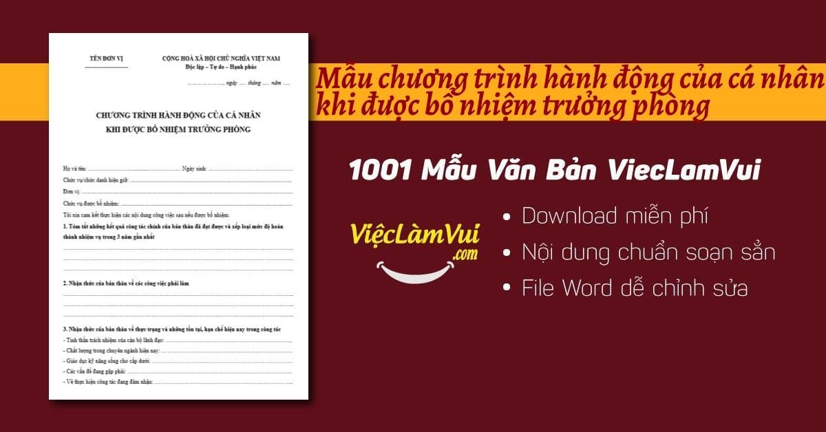 Mẫu Chương trình hành động của cá nhân khi được bổ nhiệm trưởng phòng file Word
