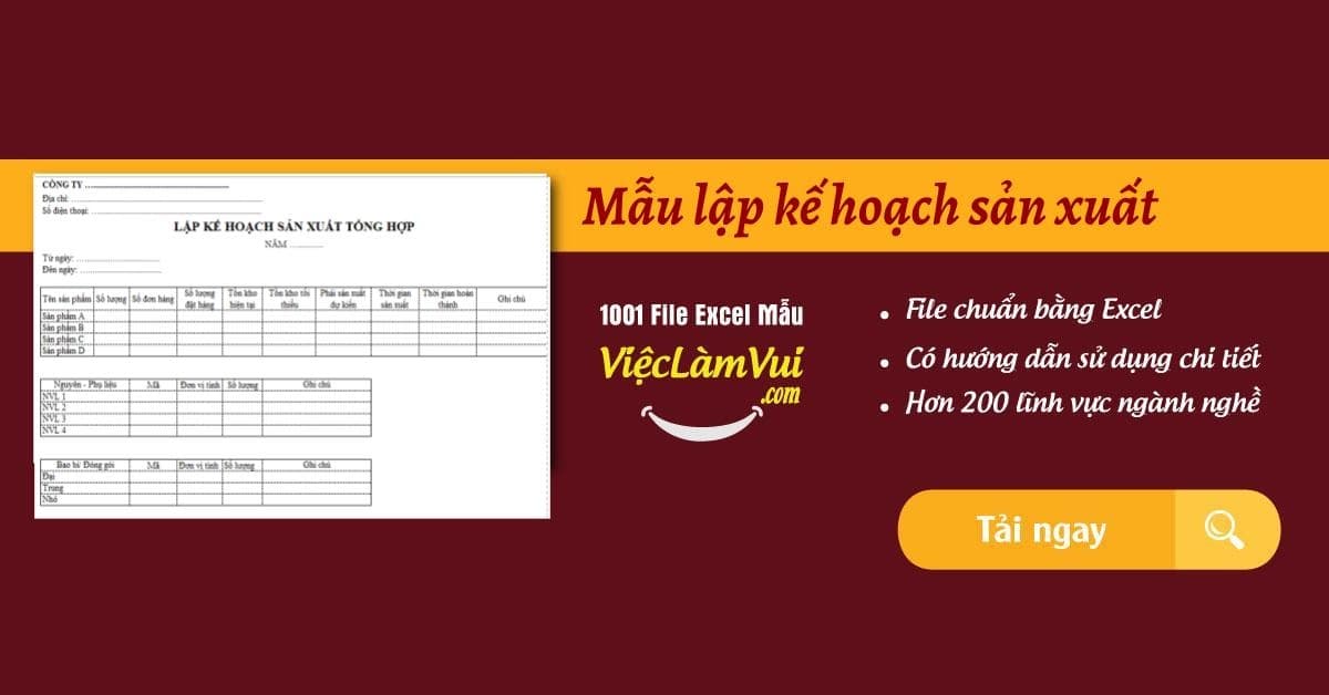 Mẫu lập kế hoạch sản xuất file Excel