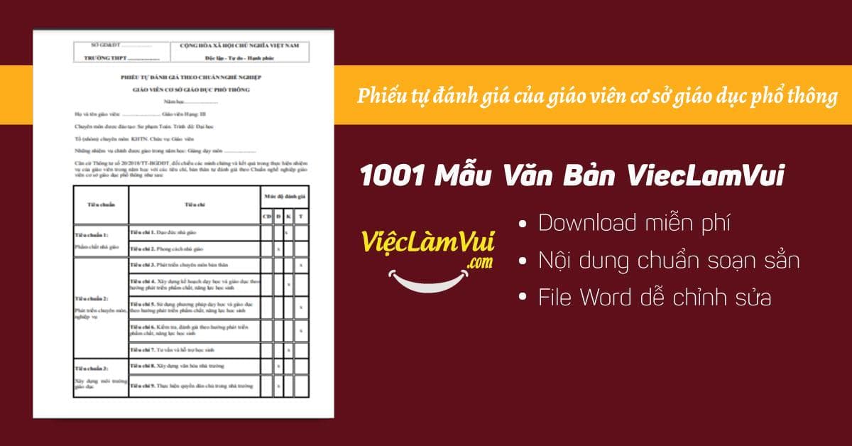 Mẫu phiếu tự đánh giá của giáo viên cơ sở giáo dục phổ thông file Word