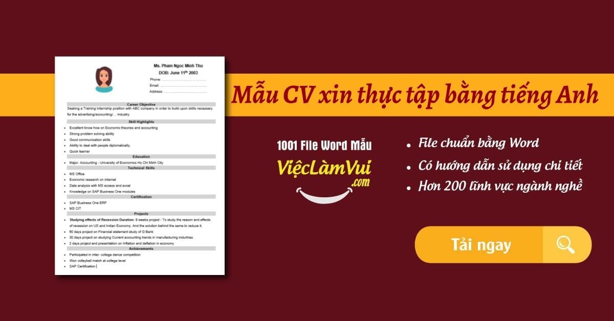 Mẫu CV xin thực tập bằng tiếng Anh file Word