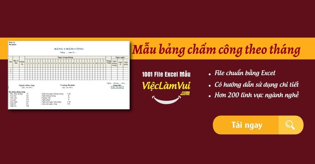 Mẫu bảng chấm công theo tháng file Excel