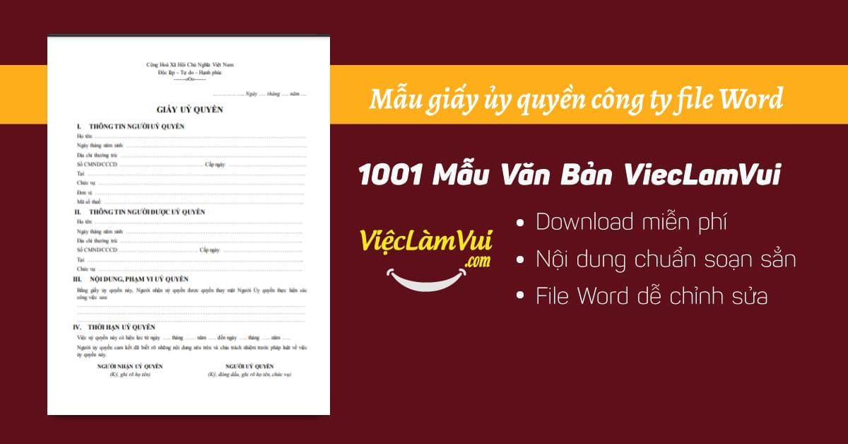 Mẫu giấy ủy quyền công ty, doanh nghiệp file Word