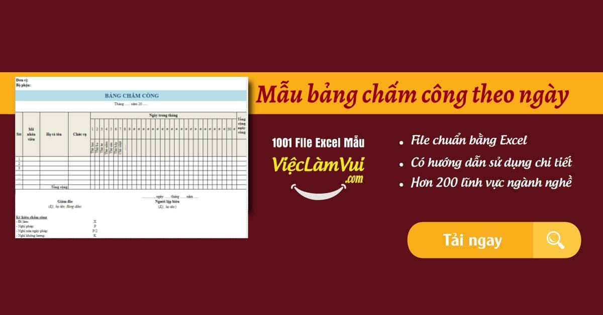 Mẫu bảng chấm công theo ngày file Excel mới nhất
