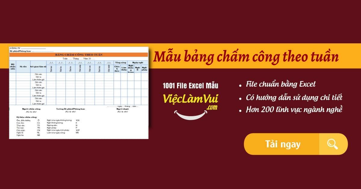 Mẫu bảng chấm công theo tuần file Excel