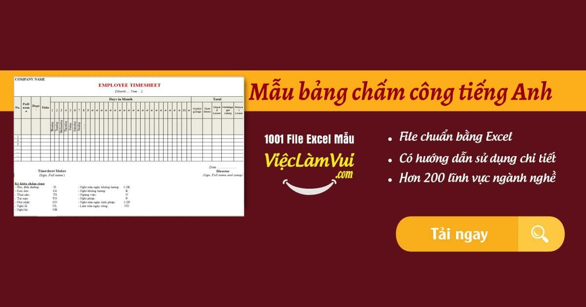 Mẫu bảng chấm công tiếng Anh file Excel
