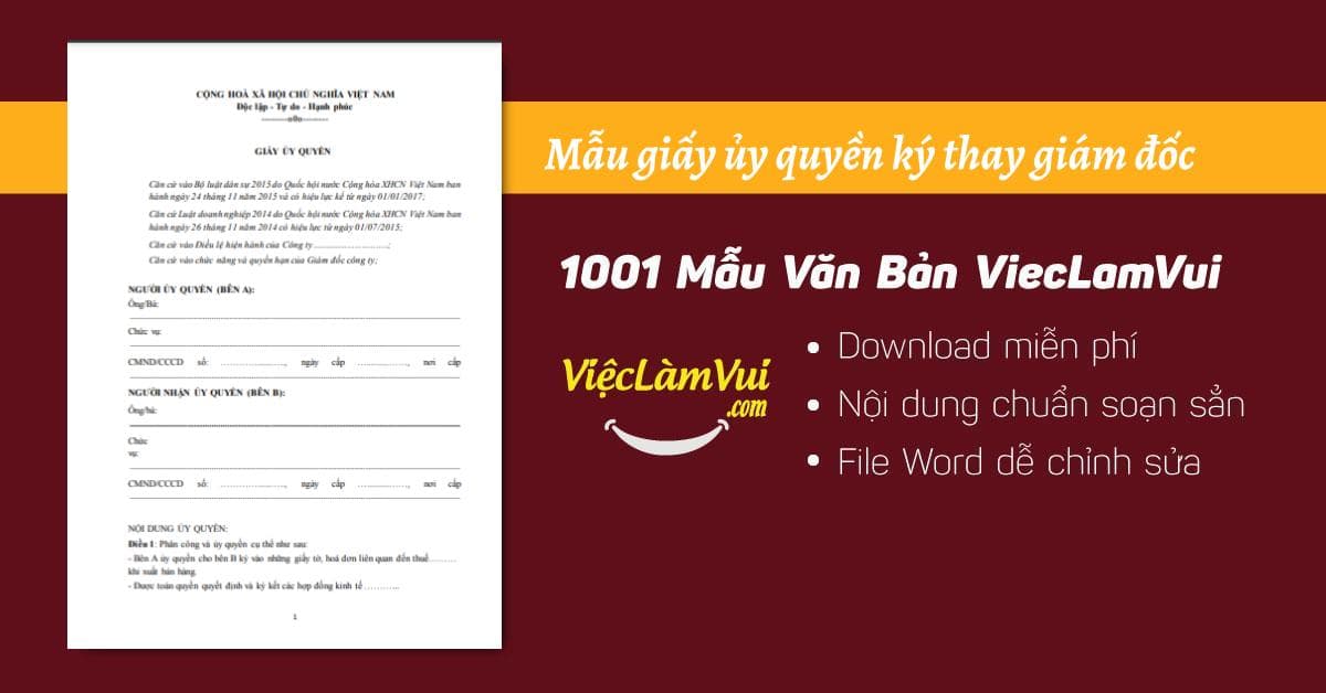 Mẫu giấy ủy quyền ký thay giám đốc file Word
