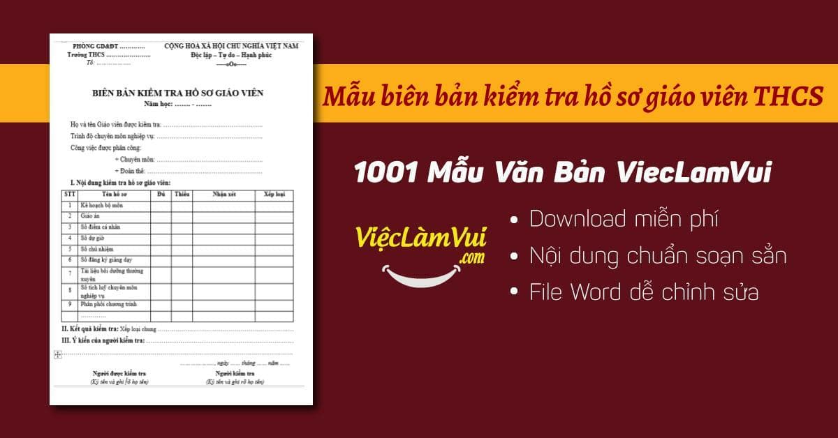 Mẫu biên bản kiểm tra hồ sơ giáo viên THCS file Word