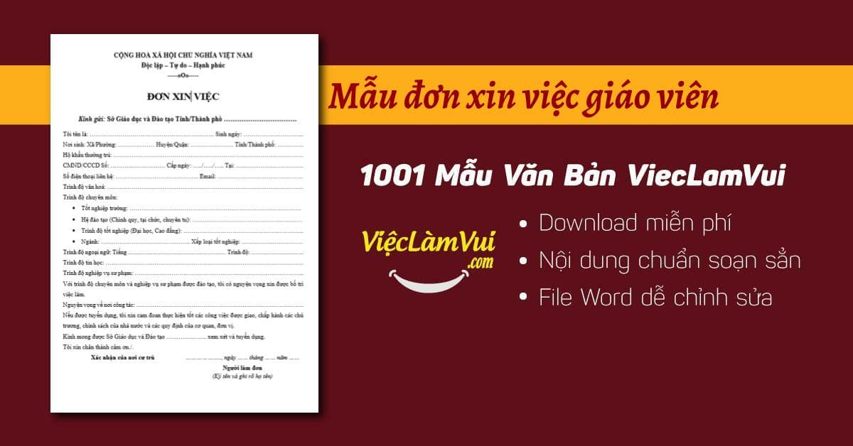 Mẫu đơn xin việc giáo viên file Word