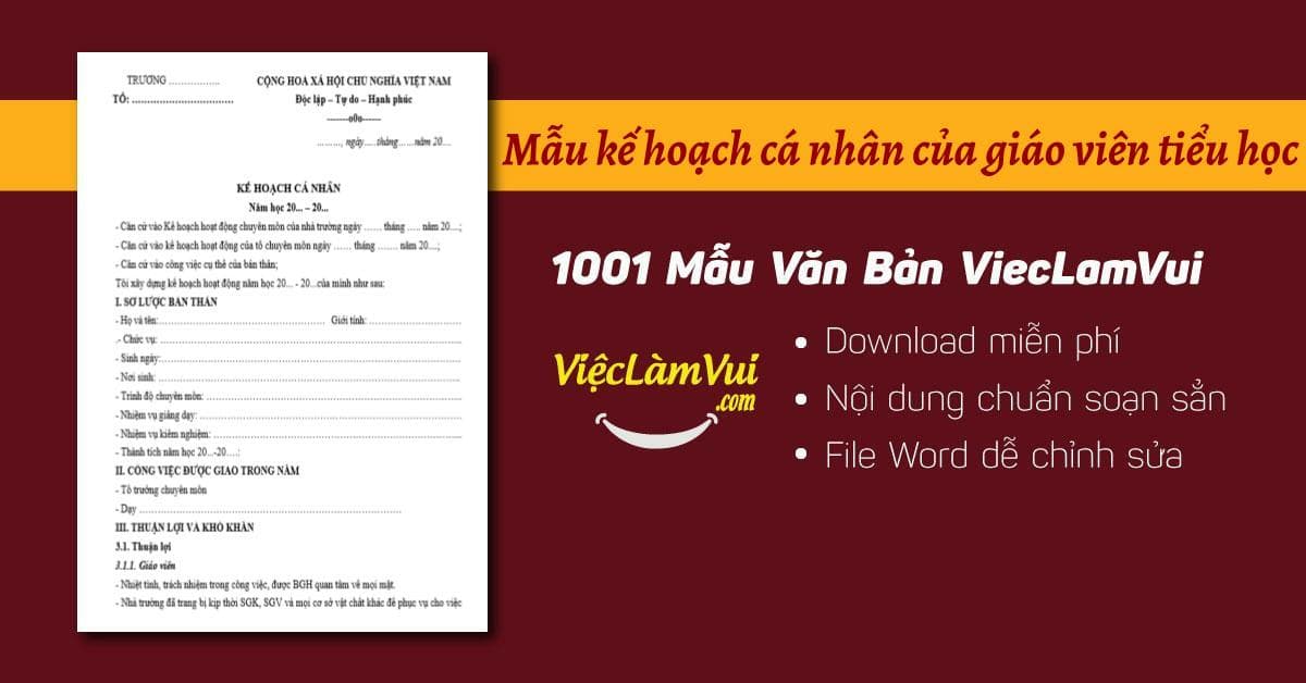 Mẫu kế hoạch cá nhân của giáo viên tiểu học file Word