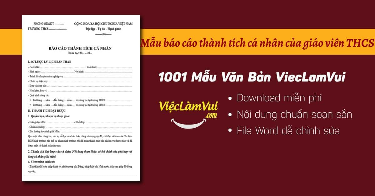 Mẫu báo cáo thành tích cá nhân của giáo viên THCS file Word