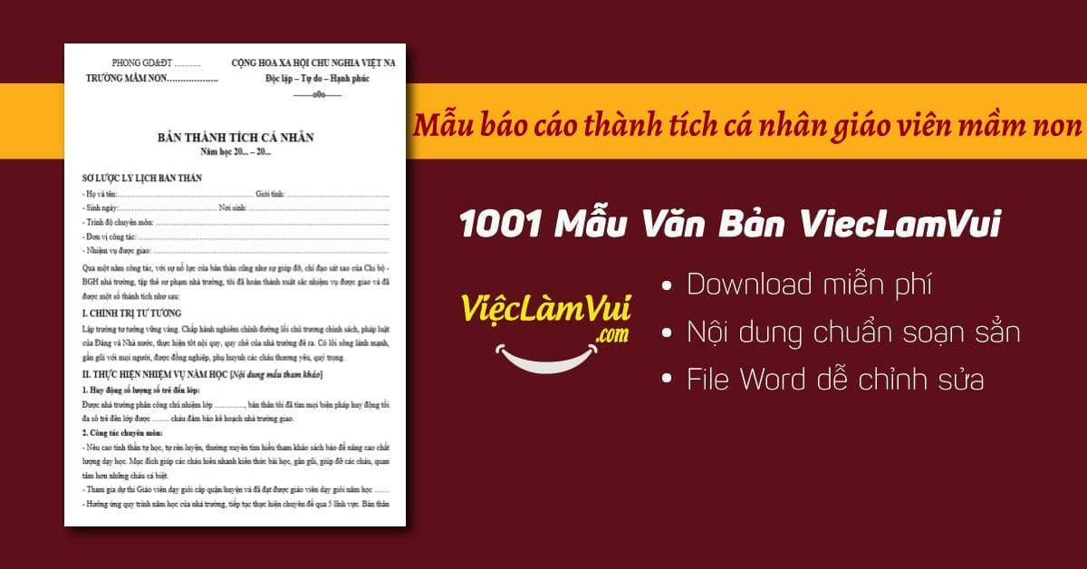 Mẫu báo cáo thành tích cá nhân giáo viên mầm non file Word