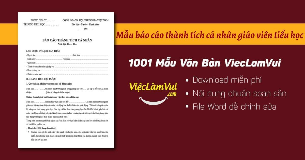 Mẫu báo cáo thành tích cá nhân giáo viên tiểu học file Word