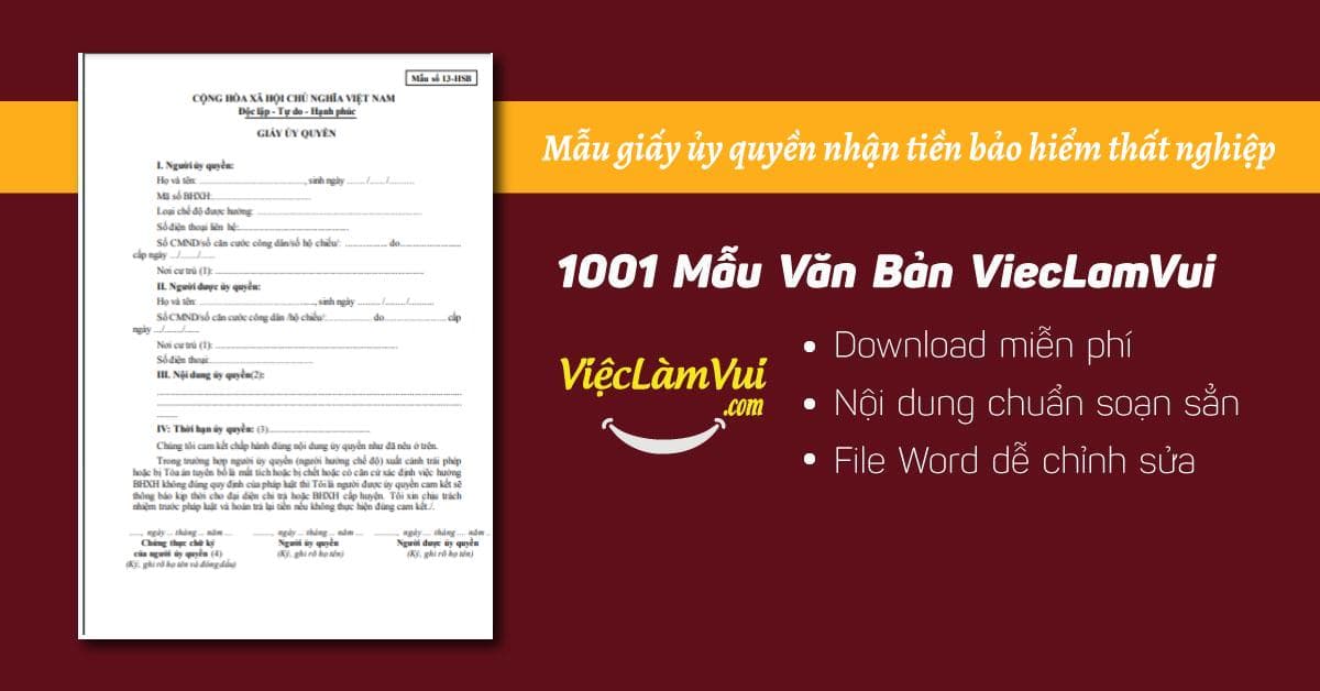 Mẫu giấy ủy quyền nhận tiền bảo hiểm thất nghiệp file Word