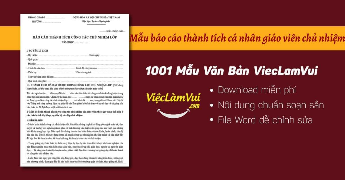 Mẫu báo cáo thành tích cá nhân giáo viên chủ nhiệm file Word