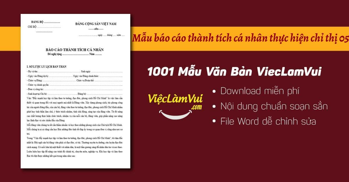 Mẫu báo cáo thành tích cá nhân thực hiện chỉ thị 05 file Word