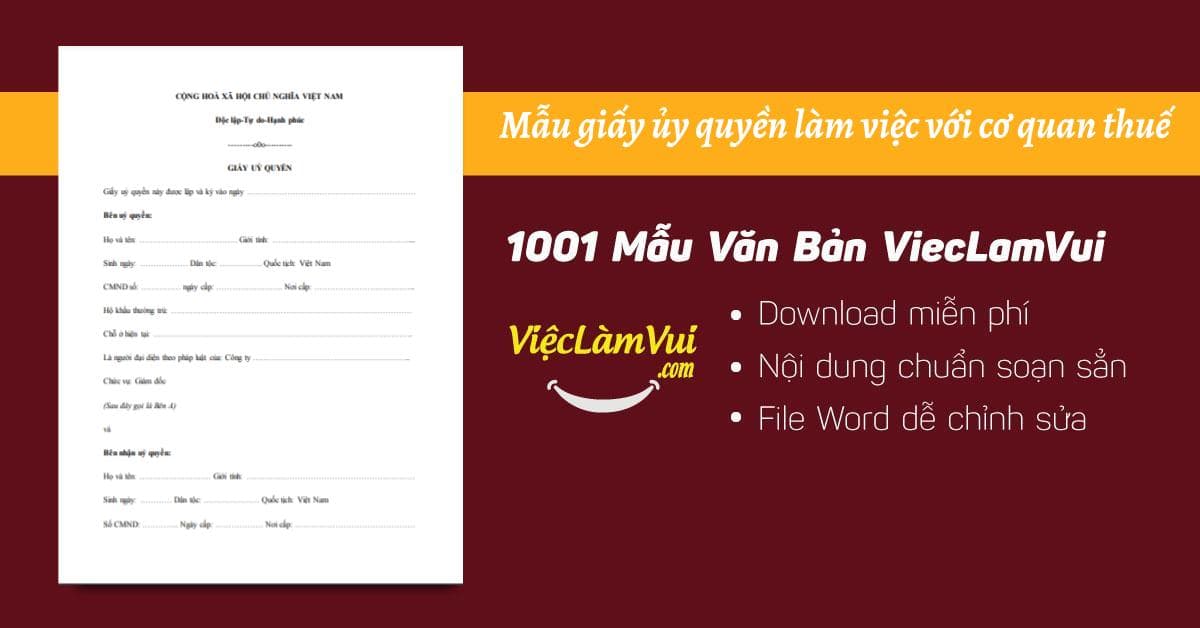 Mẫu giấy ủy quyền làm việc với cơ quan thuế file Word